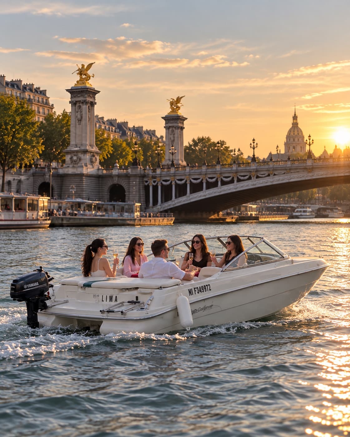 Invités à bord du bateau privé sur la Seine au coucher du soleil